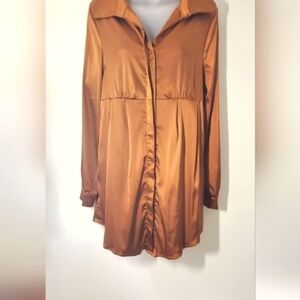NWT SHEIN Satin Button Down Shirt - Warm Brown